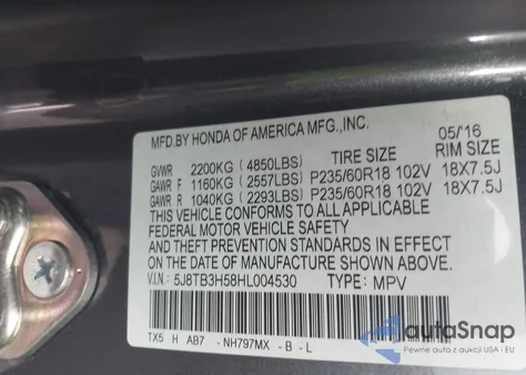 2017 Acura Rdx Technology Acurawatch Plus Packages/W/Technology Package from USA, damaged, VIN 5J8TB3H58HL004530